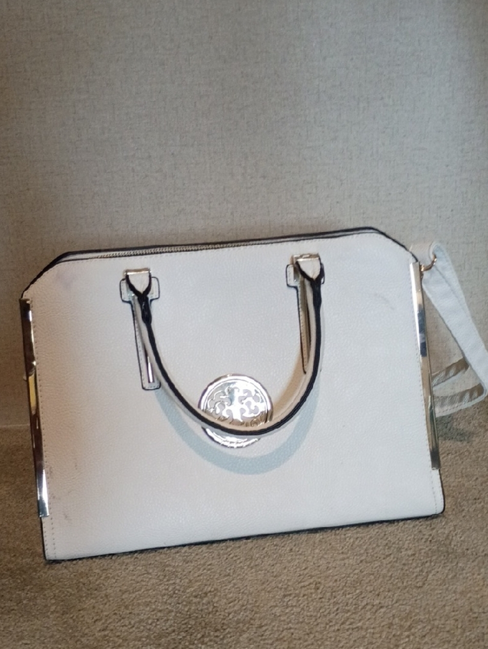 Cream Women's Top-Handle Satchel with Silver Medallion Accent